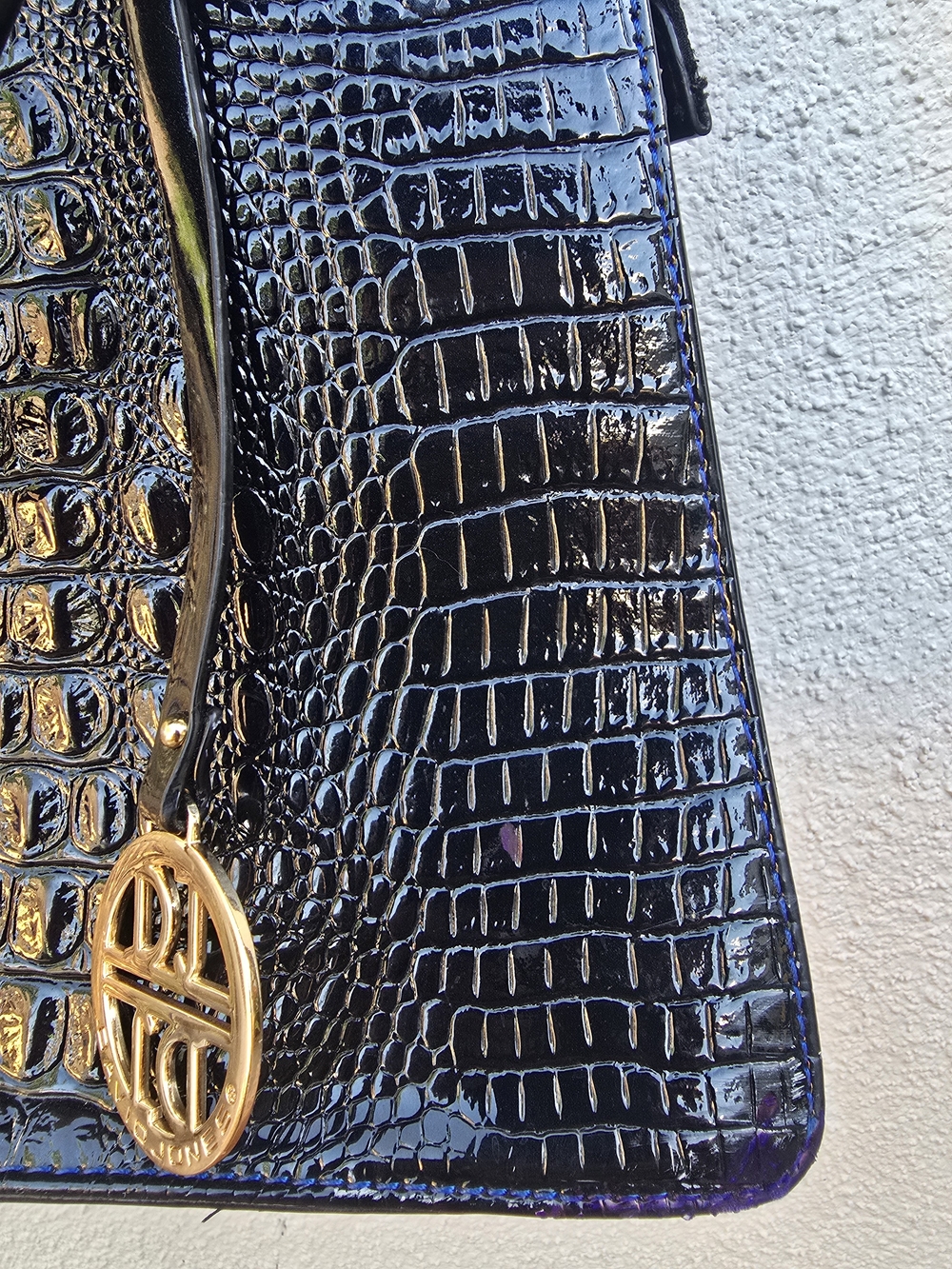 Black Blue Iridiscent Crocodrile Shoulder Bag with Gold Charm - Picture 5 of 16